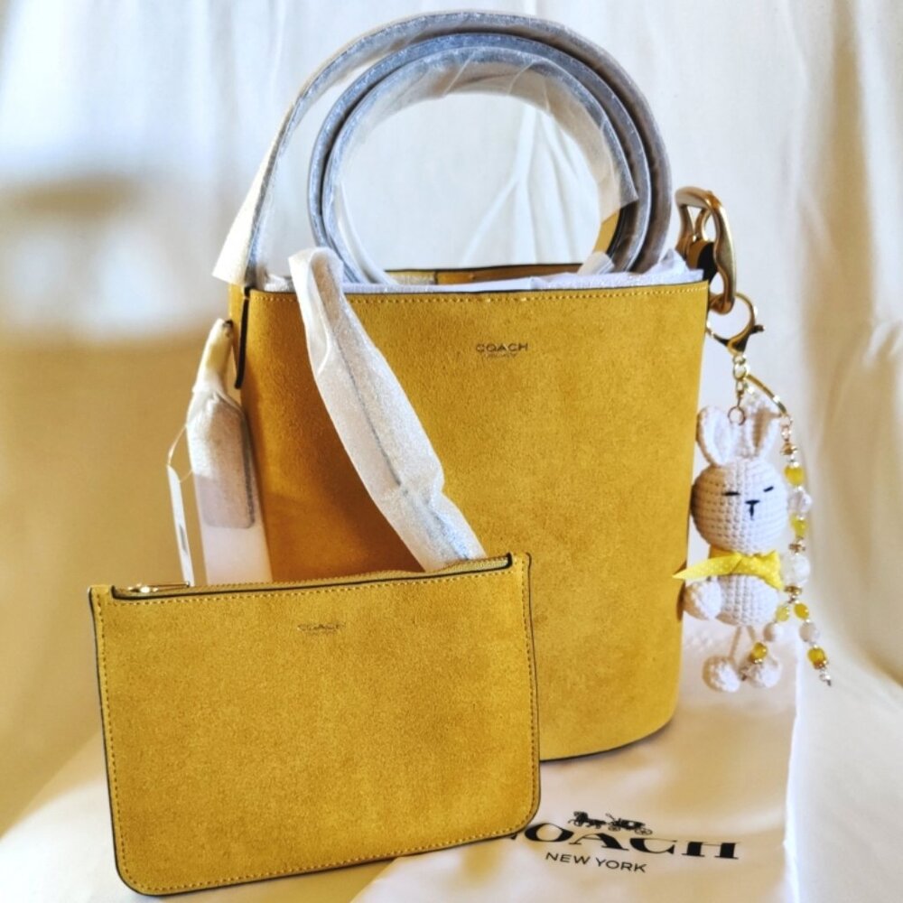 Coach Suede Bleecker Bucket Bag 21 w/Pouch in Yellow/Brass AND Easter Bag Charm